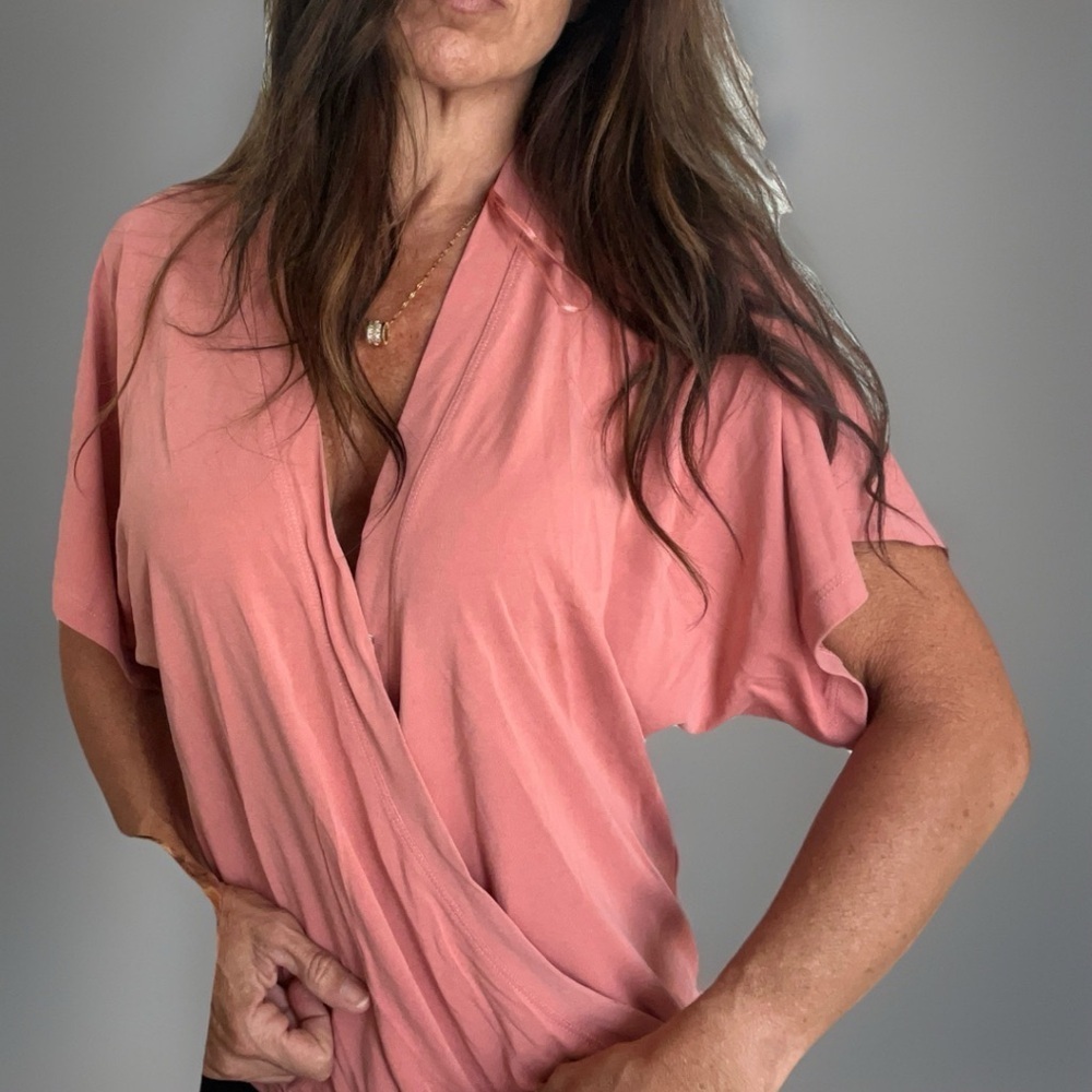 Anthropologie Women's Wrap Blouse size S Small Pink Short Sleeve Shirt V Neck